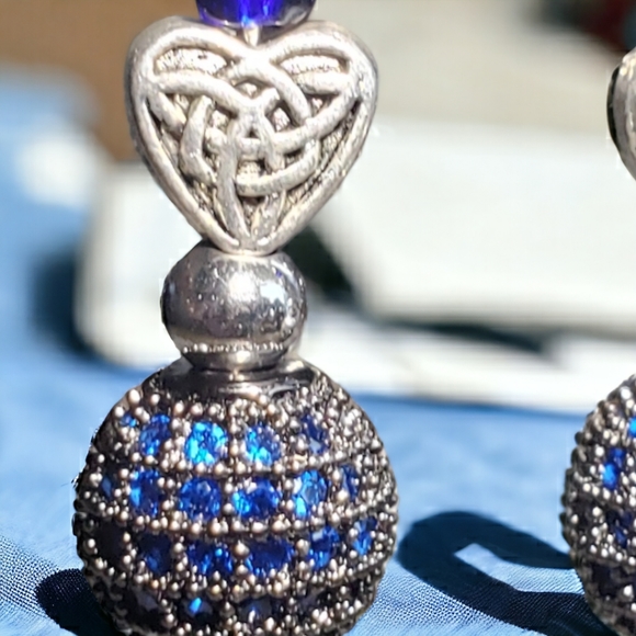 Silver Heart and Rose Beaded, Sapphire Accented Handcrafted Earrings - Picture 1 of 8